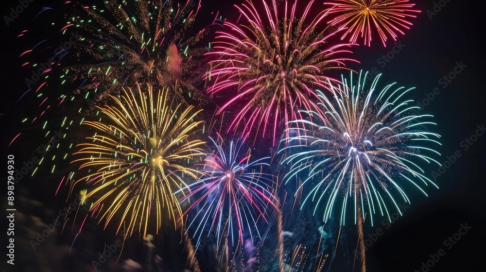 Vivid fireworks burst in the night sky, Celebration, black background showcasing colorful brilliance Vivid fireworks burst in the night sky, Celebration, black background showcasing colorful brilliance