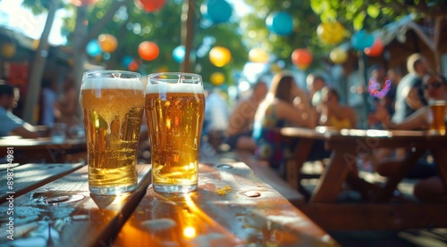 Two Glasses of Beer on Wooden Table