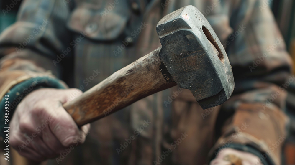Close-up of a carpenter's hands holding a hammer, ready for use in a carpentry workshop. Close-up of a carpenter's hands holding a hammer, ready for use in a carpentry workshop.