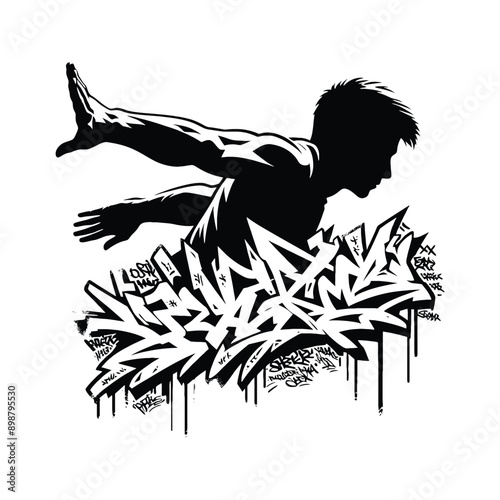 Parkour  male player in graffiti tags, street art pattern illustration, emblem shield badge