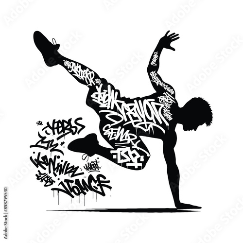 Parkour  male player in graffiti tags, street art pattern illustration, emblem shield badge
