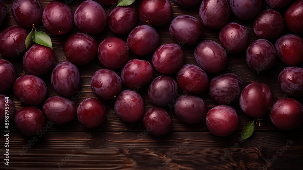 Fresh, ripe plums scattered on a dark wooden surface. The plums are deep purple with a glossy finish, some with green leaves attached, creating a vibrant and appetizing background. Fresh, ripe plums scattered on a dark wooden surface. The plums are deep purple with a glossy finish, some with green leaves attached, creating a vibrant and appetizing background.