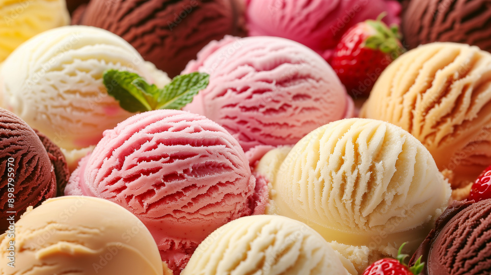 Close-up of colorful ice cream scoops in different flavors. Chocolate, vanilla and strawberry ice cream. Frozen and creamy sweet treat for summer, Close-up of colorful ice cream scoops in different flavors. Chocolate, vanilla and strawberry ice cream. Frozen and creamy sweet treat for summer,