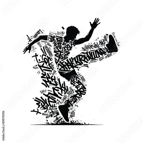 Parkour  male player in graffiti tags, street art pattern illustration, emblem shield badge