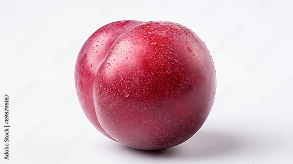 A fresh, ripe red plum with water droplets on its surface, set against a plain white background. The plum has a smooth texture and a round shape, showcasing its vibrant color and freshness. A fresh, ripe red plum with water droplets on its surface, set against a plain white background. The plum has a smooth texture and a round shape, showcasing its vibrant color and freshness.