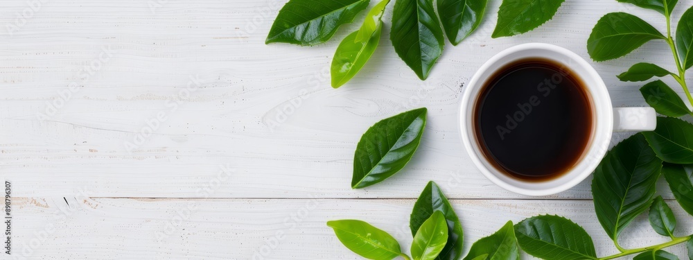 A white wooden table holds a cup of coffee and a green, leafy plant A white wooden table holds a cup of coffee and a green, leafy plant