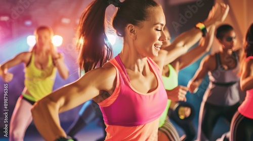 Experience the joy of zumba, women in colorful sportswear dancing at the gym to energizing music and choreography