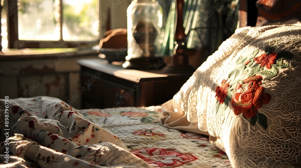 Rustic Bedroom with Floral Quilts and Morning Light