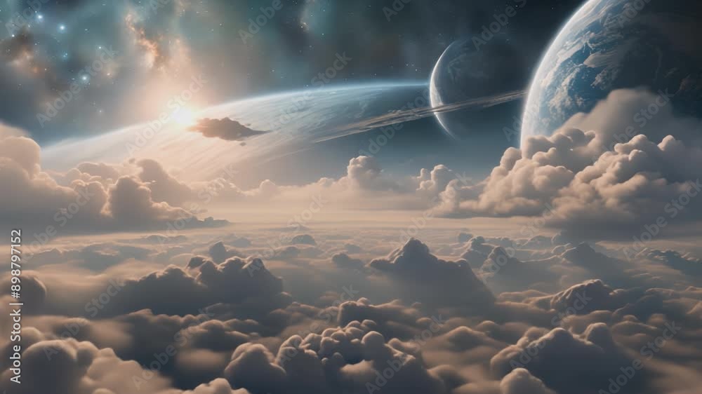 Aerial drone video of fantastic sci-fi cloudscape with giant moon sand planets on the horizon. Cinematic science-fiction footage.