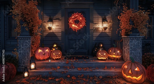 A Welcoming Autumn Porch With Jack-o-Lanterns and Lanterns at Dusk