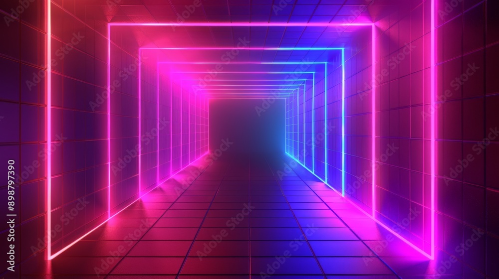 Fototapeta premium Exploring a futuristic corridor adorned with vibrant neon lights on a tiled backdrop, ideal for nightlife venues or digital designs