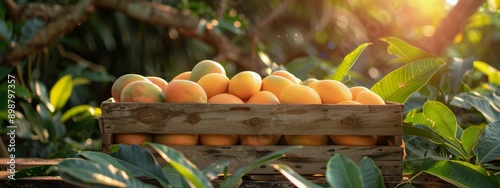 Ripe Mangoes in a Wooden Crate in an Orchard at Sunset