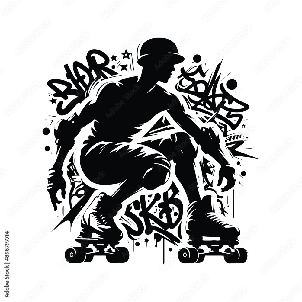 Inline Skating, roller skate male player in graffiti tags, street art pattern illustration, emblem shield badge Inline Skating, roller skate male player in graffiti tags, street art pattern illustration, emblem shield badge