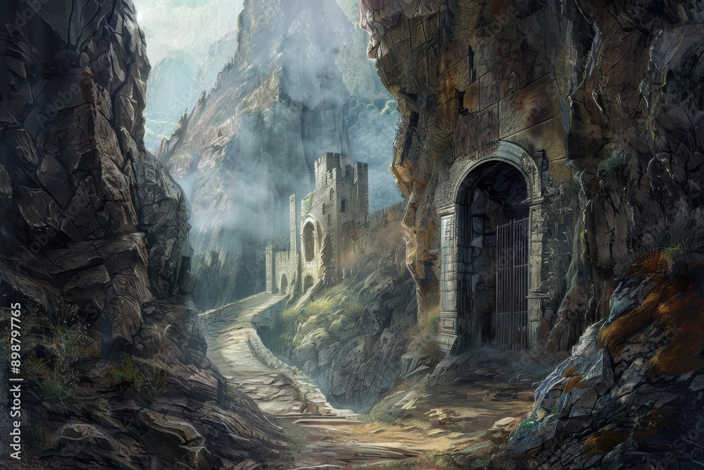 Ancient stone castle ruins in a foggy mountain valley with overgrown vegetation Ancient stone castle ruins in a foggy mountain valley with overgrown vegetation