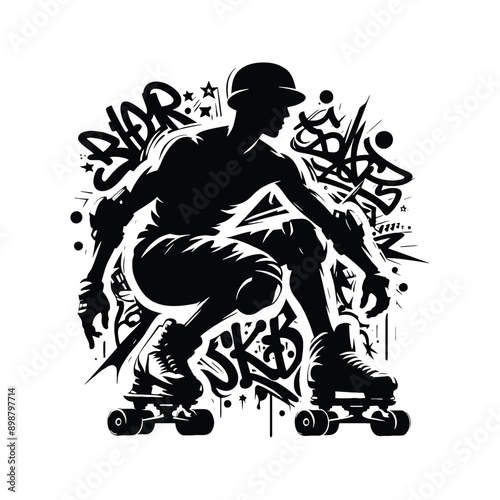 Inline Skating, roller skate   male player in graffiti tags, street art pattern illustration, emblem shield badge