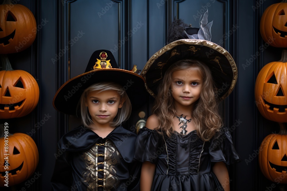 Childs in halloween costumes in front of door Childs in halloween costumes in front of door