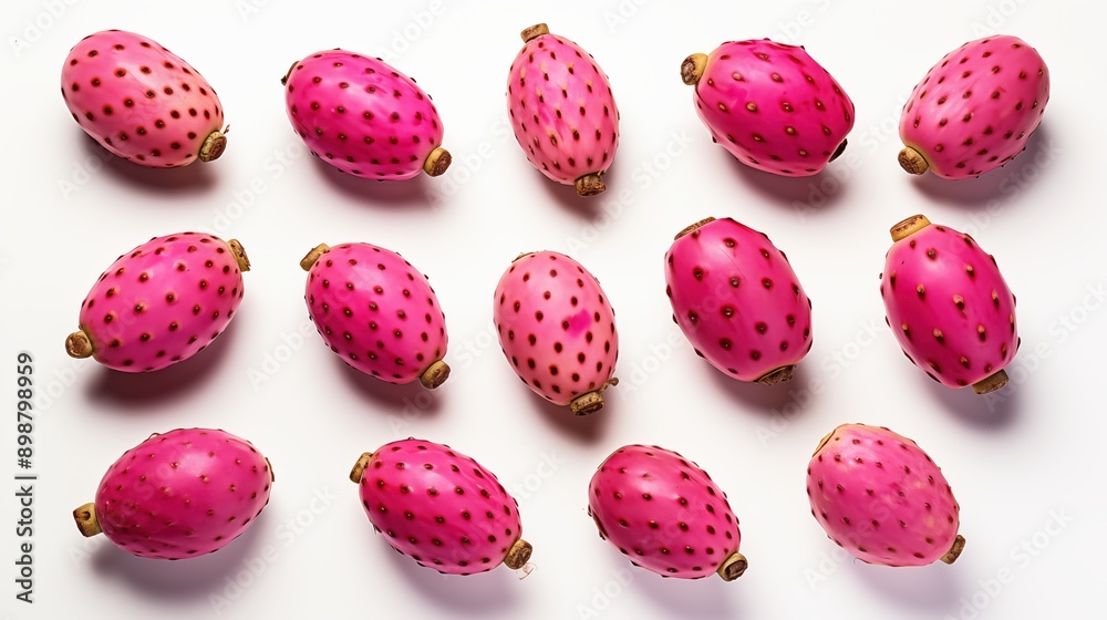 A collection of vibrant pink prickly pears arranged on a white background. The fruits are oval-shaped with small black seeds and a smooth skin, showcasing a variety of shades of pink background. A collection of vibrant pink prickly pears arranged on a white background. The fruits are oval-shaped with small black seeds and a smooth skin, showcasing a variety of shades of pink background.
