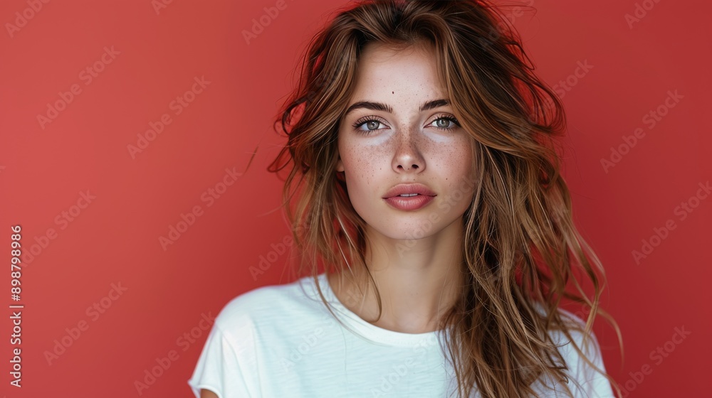 Woman With Long Hair Standing in Front of Red Wall Woman With Long Hair Standing in Front of Red Wall