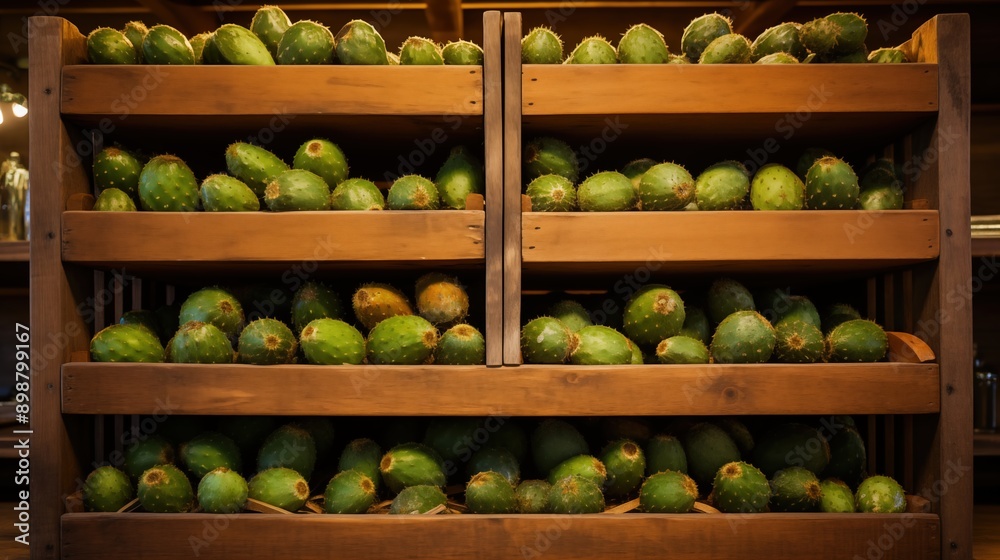 A wooden showcase rack filled with fresh green avocados, arranged in neat rows. A wooden showcase rack filled with fresh green avocados, arranged in neat rows.