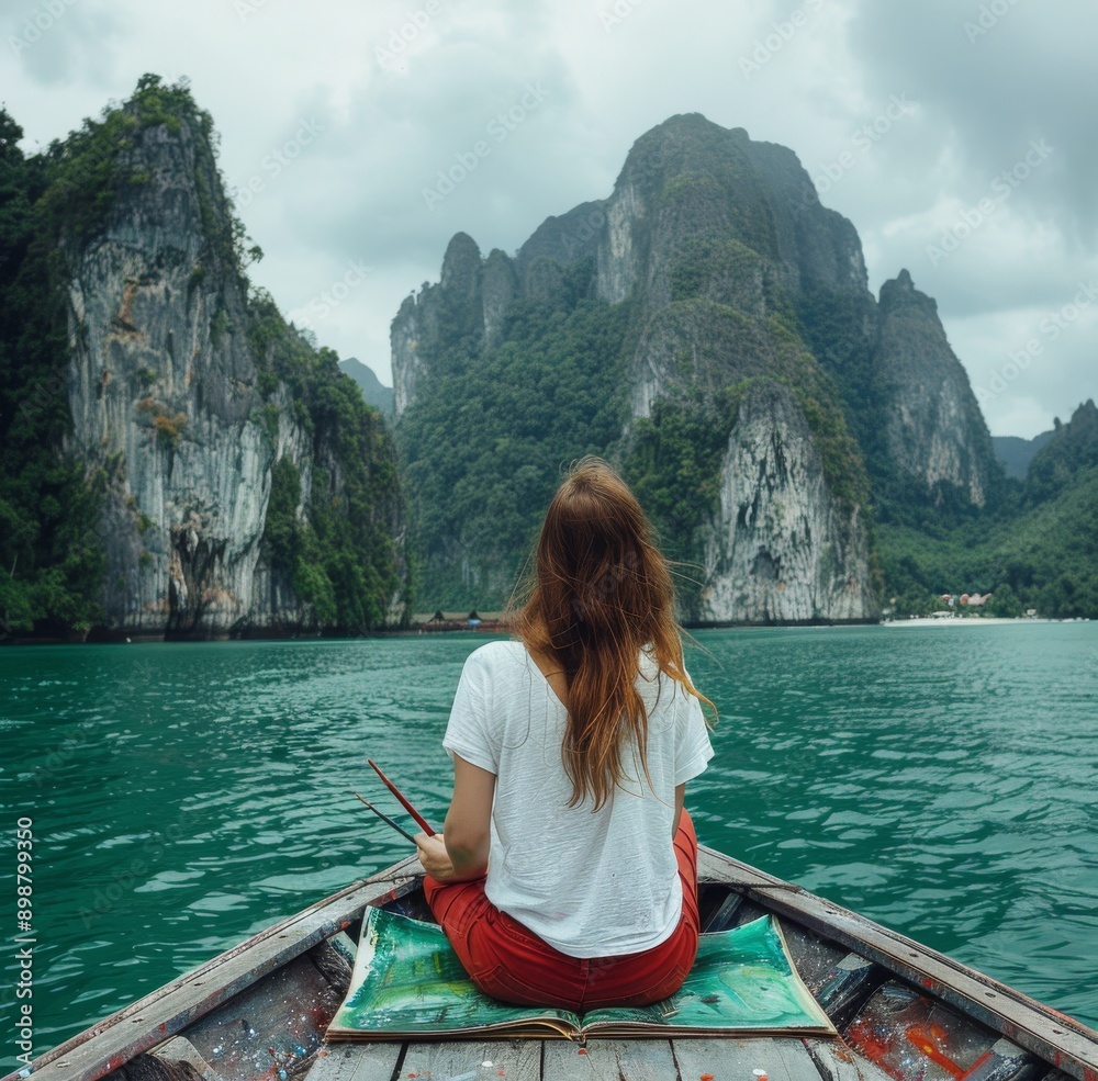 Woman Sitting in a Boat Facing Limestone Cliffs in Thailand Woman Sitting in a Boat Facing Limestone Cliffs in Thailand