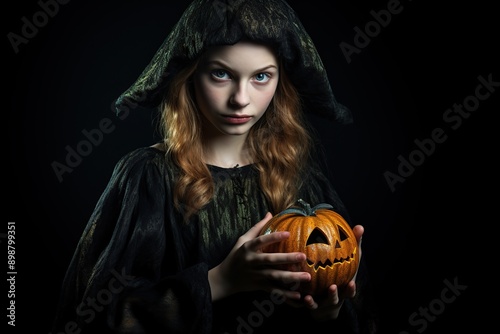 Portrait of woman in halloween costume with pumpkin on black background