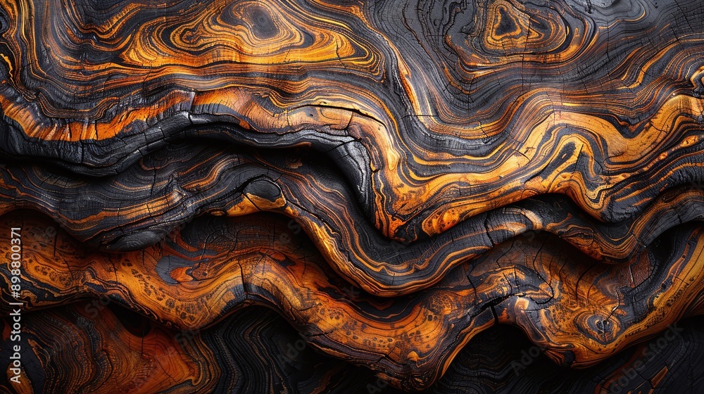 Black and gold wood slab with intricate swirling grain patterns. Abstract and artistic wooden texture. Unique wood design concept for decor, furniture, and interior design projects. Black and gold wood slab with intricate swirling grain patterns. Abstract and artistic wooden texture. Unique wood design concept for decor, furniture, and interior design projects.