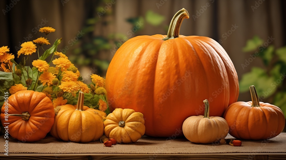 A collection of pumpkins in various sizes and colors, including a large orange pumpkin and smaller yellow and white pumpkins, arranged on a table with yellow flowers in the background.