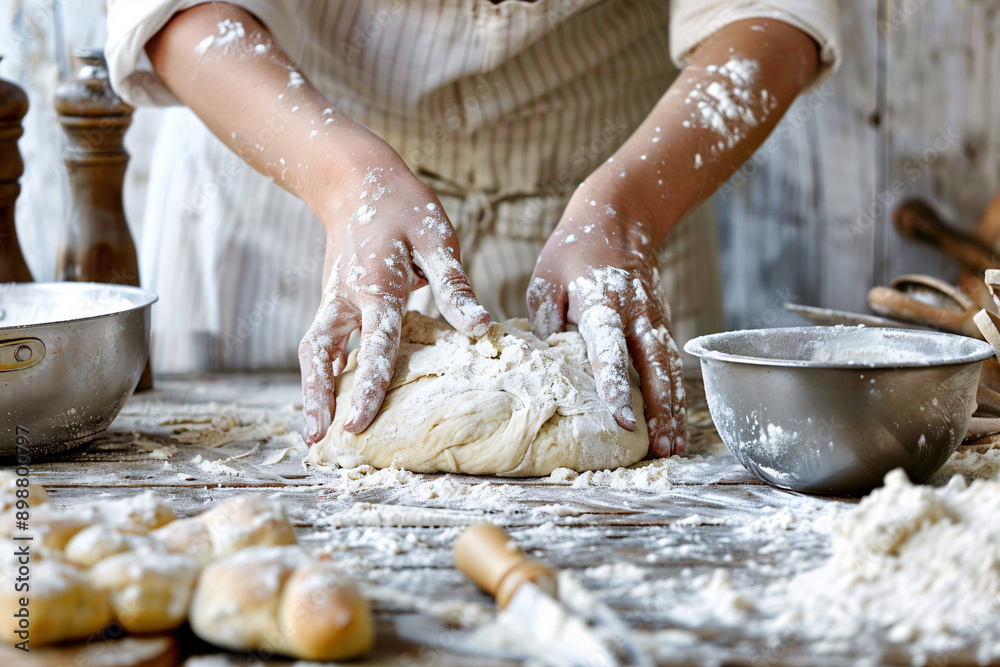 Fototapeta premium close-up of hands kneading dough on an old wooden table