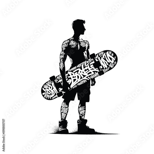 Skateboarding, longboarding  male player in graffiti tags, street art pattern illustration, emblem shield badge