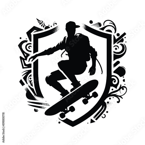 Skateboarding, longboarding  male player in graffiti tags, street art pattern illustration, emblem shield badge