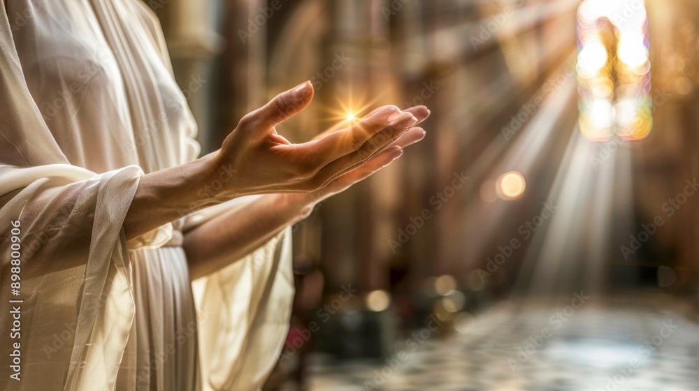 Woman praying holding light inside church Woman praying holding light inside church