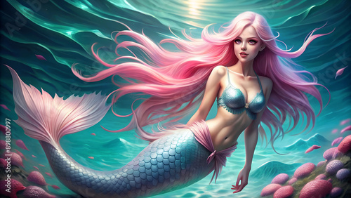 Beautiful mermaid, naiad with long pink hair underwater in the ocean, with a long pink shimmering tail