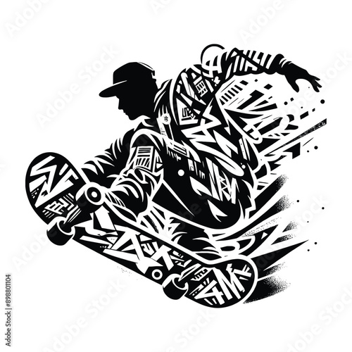 Skateboarding, longboarding  male player in graffiti tags, street art pattern illustration, emblem shield badge