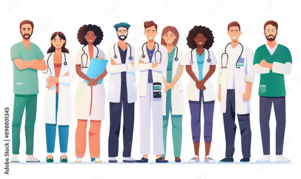 Obraz premium illustration of a group of medical team members, doctors and nurses, standing together isolated on a white background Generative AI