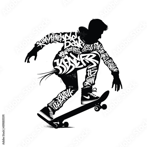 Skateboarding, longboarding  male player in graffiti tags, street art pattern illustration, emblem shield badge