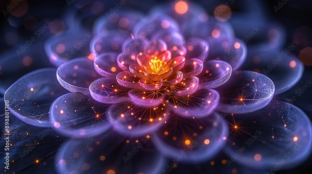 Purple flower with yellow center, surrounded by blue-yellow light circles on a black background Purple flower with yellow center, surrounded by blue-yellow light circles on a black background