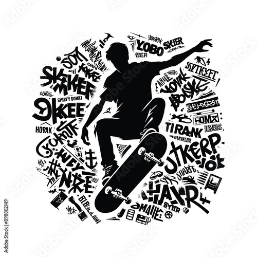 Skateboarding, longboarding  male player in graffiti tags, street art pattern illustration, emblem shield badge