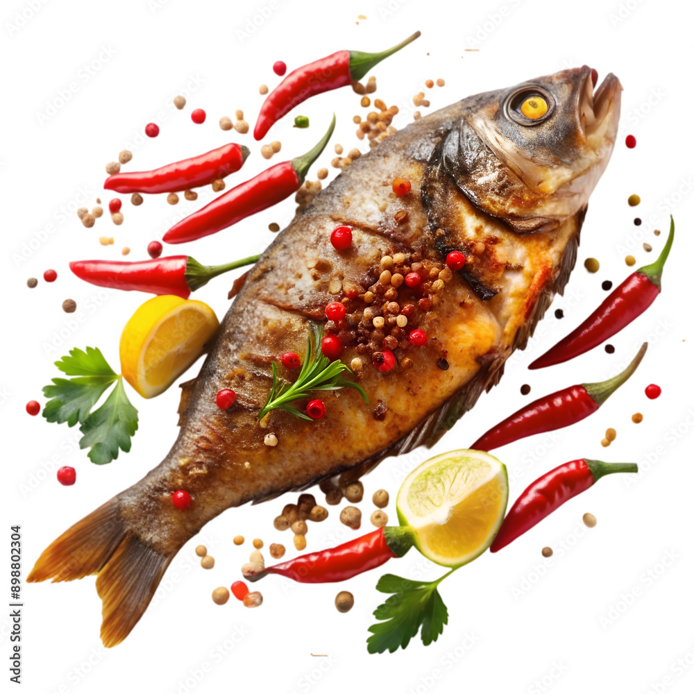 a fried fish with chilly and spices delicious food a fried fish with chilly and spices delicious food