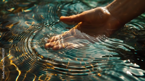 Hand in the water with ripples. Selective focus. nature.
