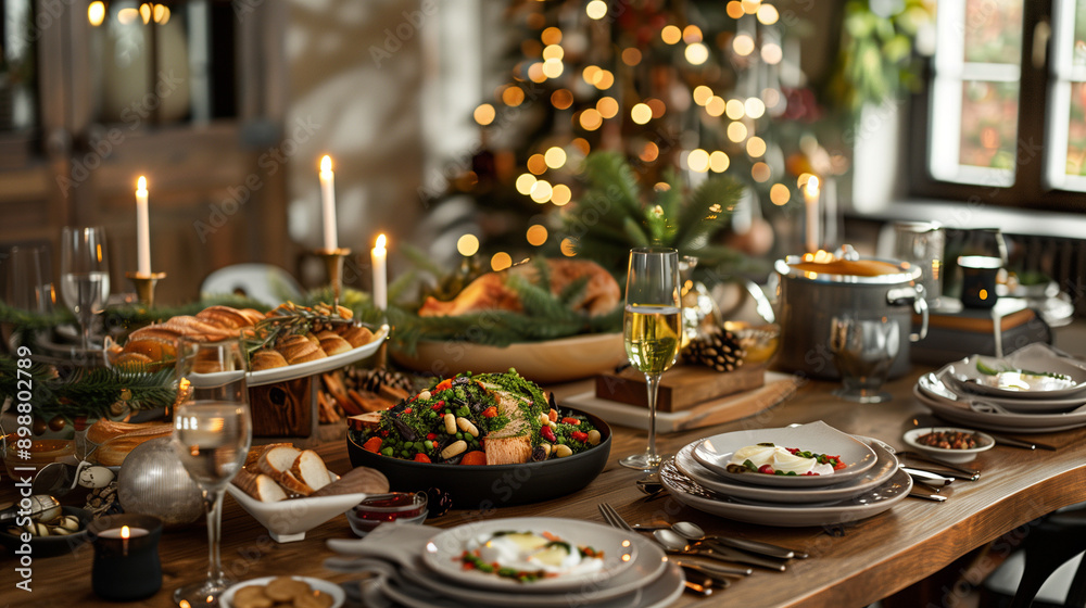 A beautifully set festive table with New Year dishes and decorations, creating a cozy and elegant holiday dining experience. A beautifully set festive table with New Year dishes and decorations, creating a cozy and elegant holiday dining experience.