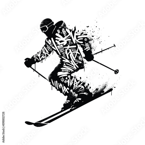 Skiing  male player in graffiti tags, street art pattern illustration, emblem shield badge