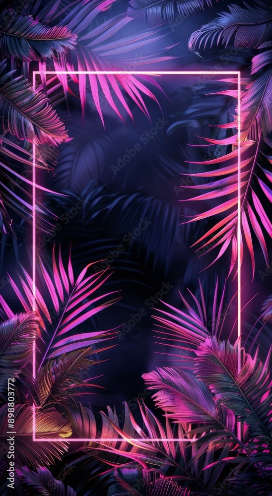 Pink Neon Light Frame Surrounding Tropical Palm Leaves Pink Neon Light Frame Surrounding Tropical Palm Leaves