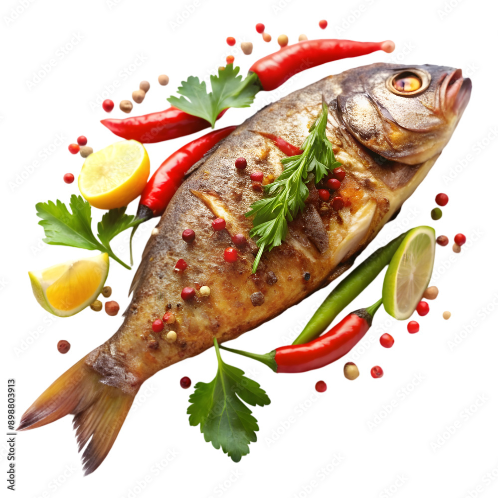 a fried fish with chilly and spices delicious food a fried fish with chilly and spices delicious food