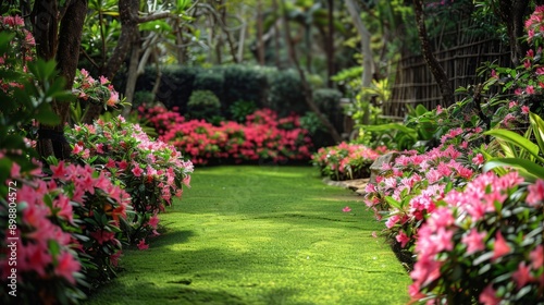 Lush garden pathway surrounded by blooming pink flowers in springtime