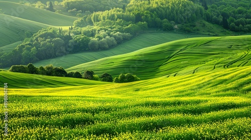 Vibrant green grass fields with patches of yellow under a clear sky during daylight hours