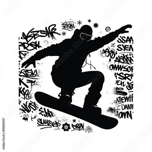 Snowboarding  male player in graffiti tags, street art pattern illustration, emblem shield badge