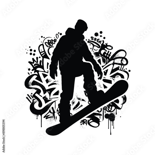 Snowboarding  male player in graffiti tags, street art pattern illustration, emblem shield badge
