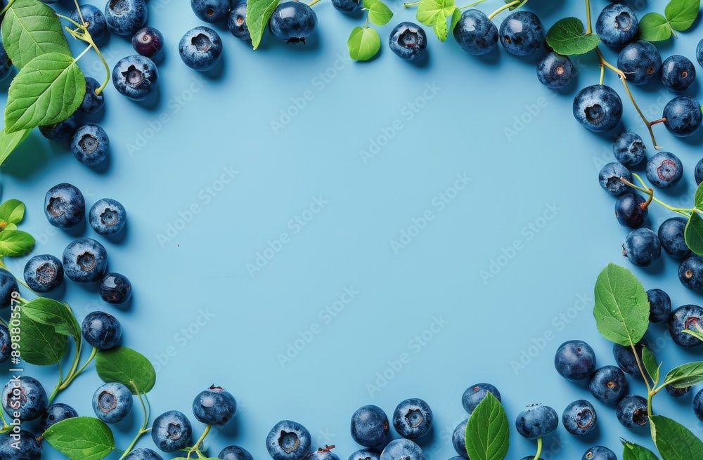 Fototapeta premium Blueberries With Leaves on a Blue Background