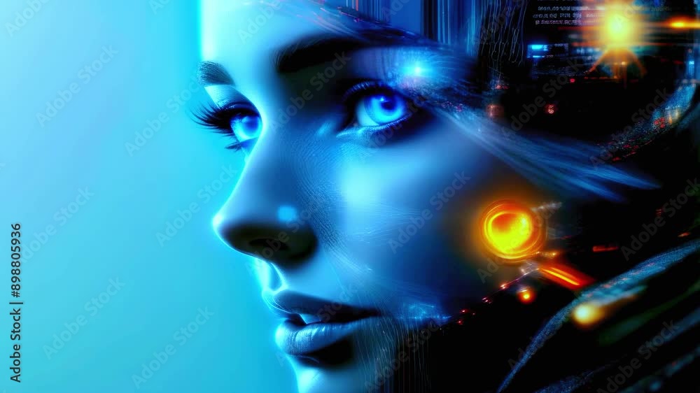 Digital Art of a Futuristic Female Face with Cybernetic Features and Neon Blue Lights Sci-Fi Aesthetic Advanced Technology Visual AI Concept Virtual Reality Holographic Innovation Digital Art of a Futuristic Female Face with Cybernetic Features and Neon Blue Lights Sci-Fi Aesthetic Advanced Technology Visual AI Concept Virtual Reality Holographic Innovation