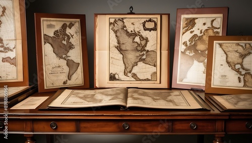 Antique Map Collection Displayed on a Wooden Table with Detailed Vintage Cartography

 photo